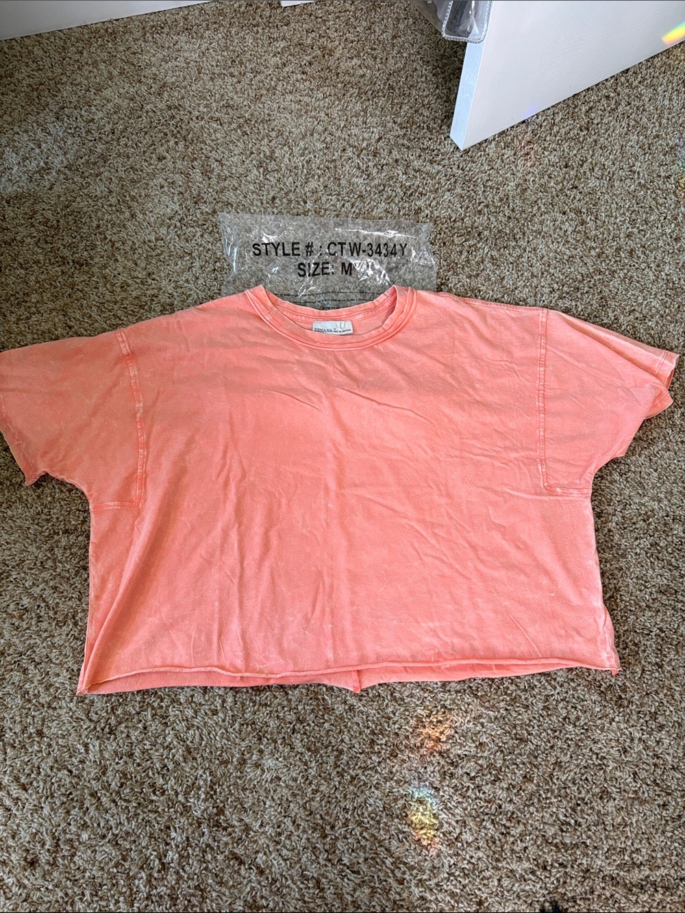 NWT Zenana Medium Coral Orange Cropped Acid Wash Boxy Tee